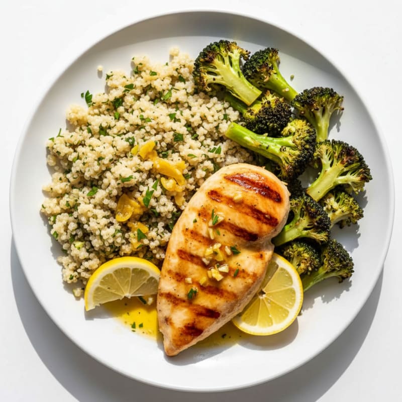 Grilled Lemon-Garlic Chicken Breast with Quinoa and Roasted Broccoli