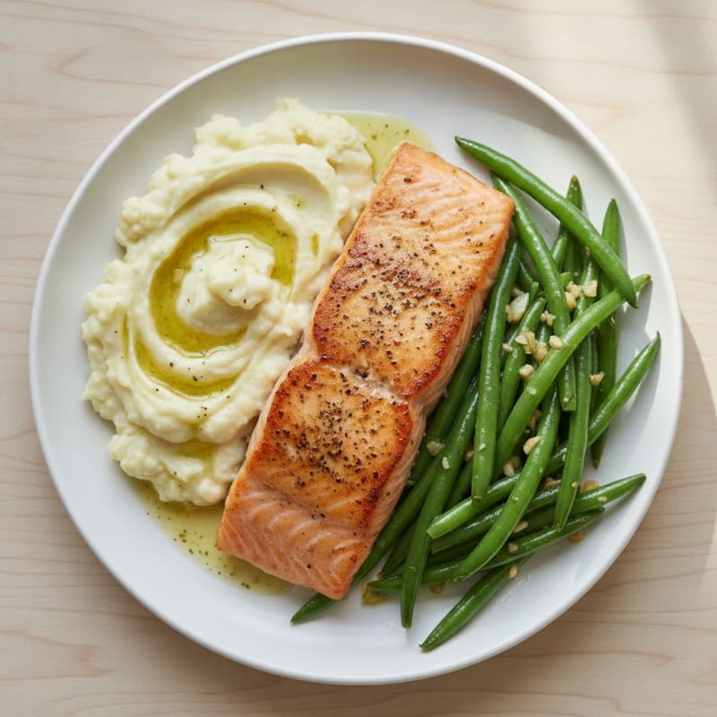 Seared Salmon with Garlic Green Beans and Mashed Cauliflower