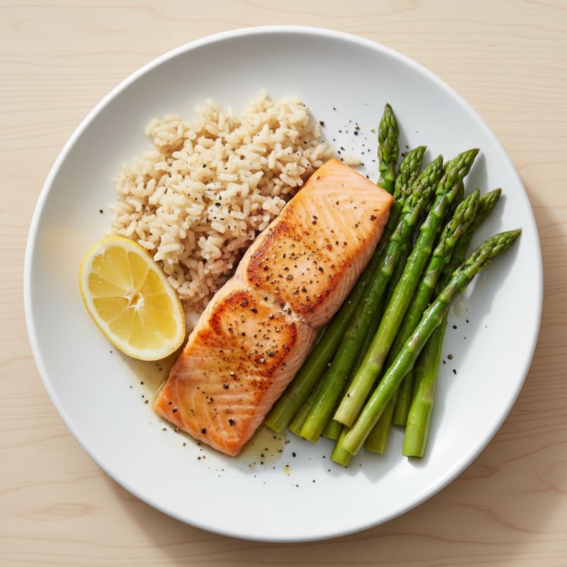 Seared Salmon Fillet with Steamed Asparagus and Brown Rice