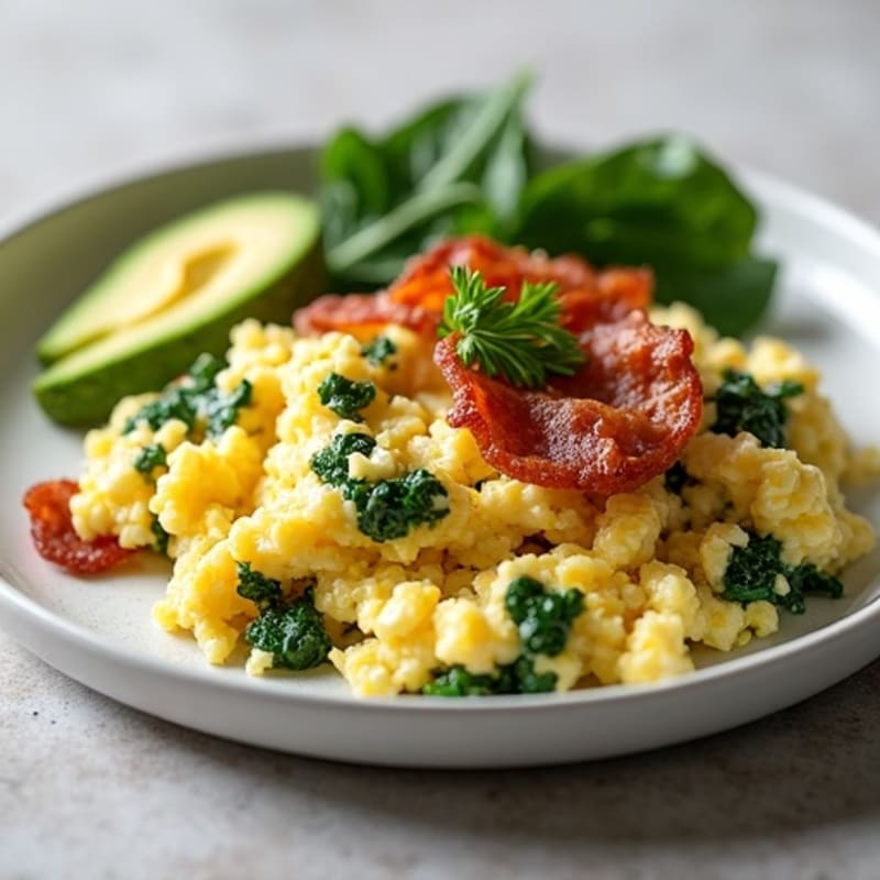 Cottage Cheese Egg Scramble with Spinach and Turkey Bacon