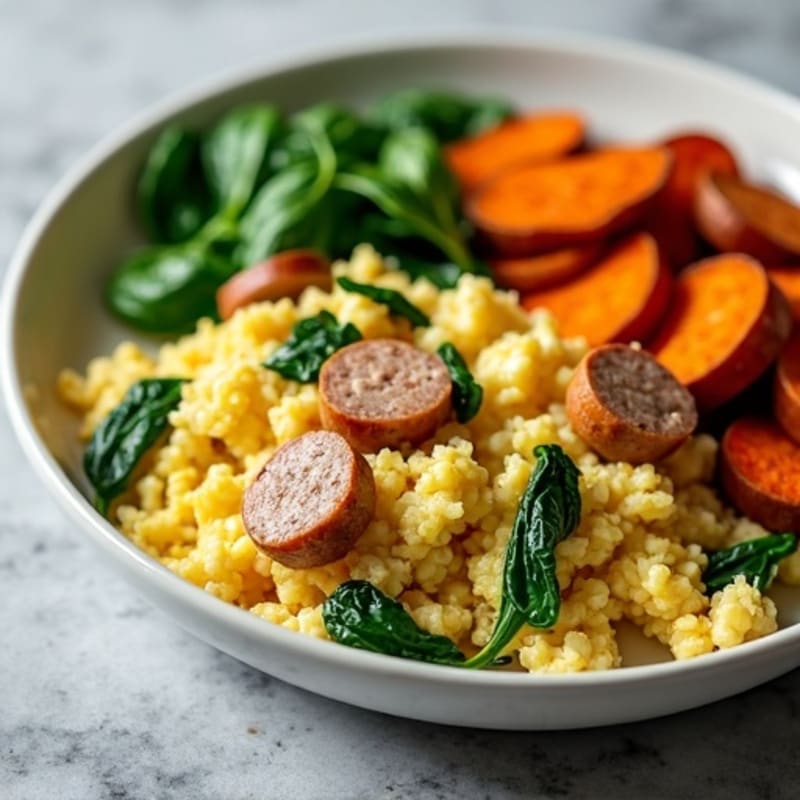 Egg White and Turkey Sausage Scramble with Spinach and Roasted Sweet Potato