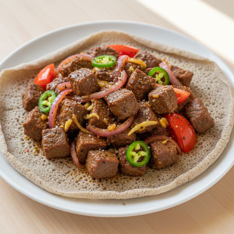 Tender Spiced Beef Tibs with Injera