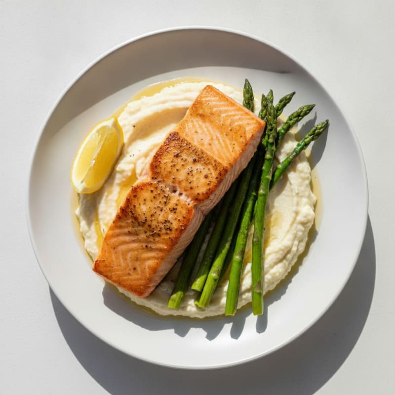 Seared Salmon with Asparagus and Cauliflower Mash