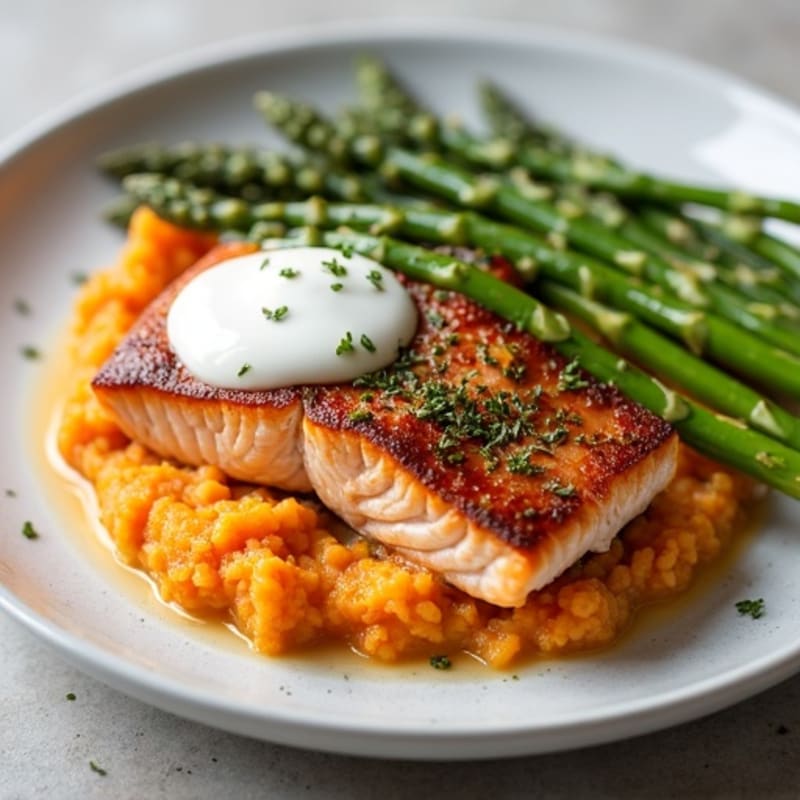 Seared Salmon with Steamed Asparagus and Sweet Potato Mash