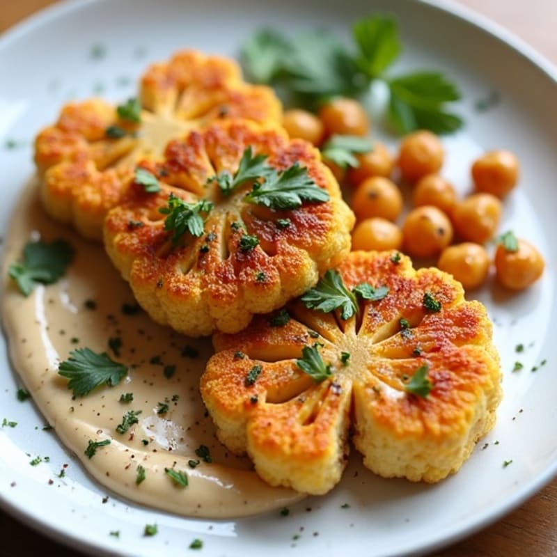 Roasted Harissa Cauliflower Steaks with Creamy Herb Tahini and Crispy Chickpeas