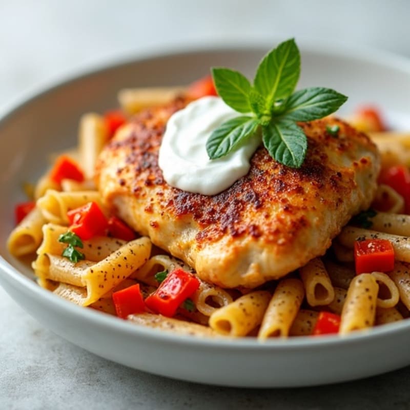 Spicy Cajun Chicken with Creamy Whole Wheat Pasta and Roasted Bell Peppers