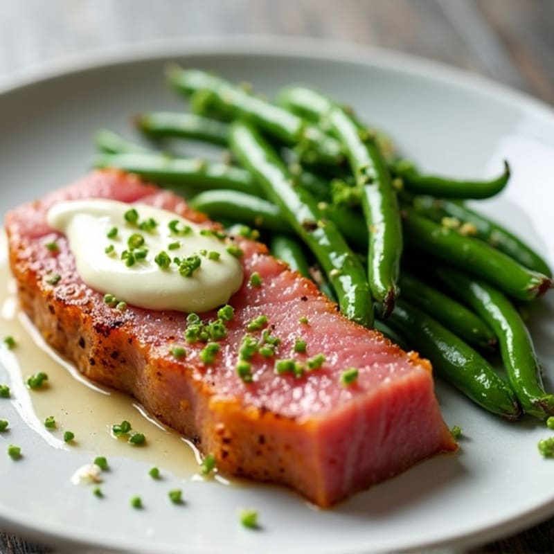 Seared Ahi Tuna with Creamy Wasabi Mayo and Crispy Roasted Green Beans