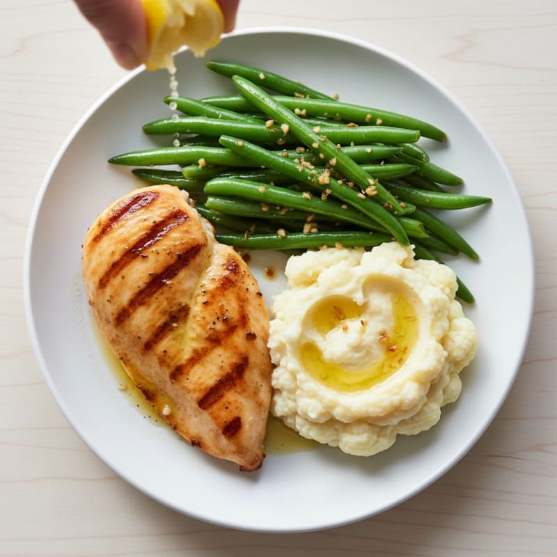 Seared Chicken Breast with Garlic Green Beans and Mashed Cauliflower
