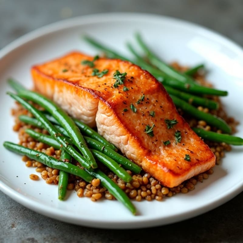 Seared Salmon Fillet with Garlic Green Beans and Lentil Mash