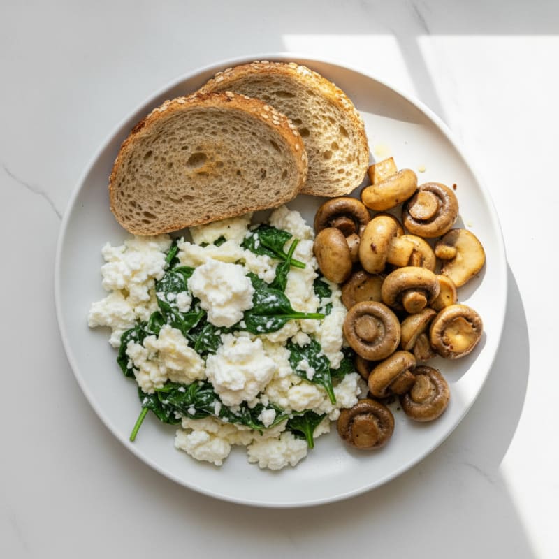 Egg White and Spinach Scramble with Cottage Cheese and Sautéed Mushrooms