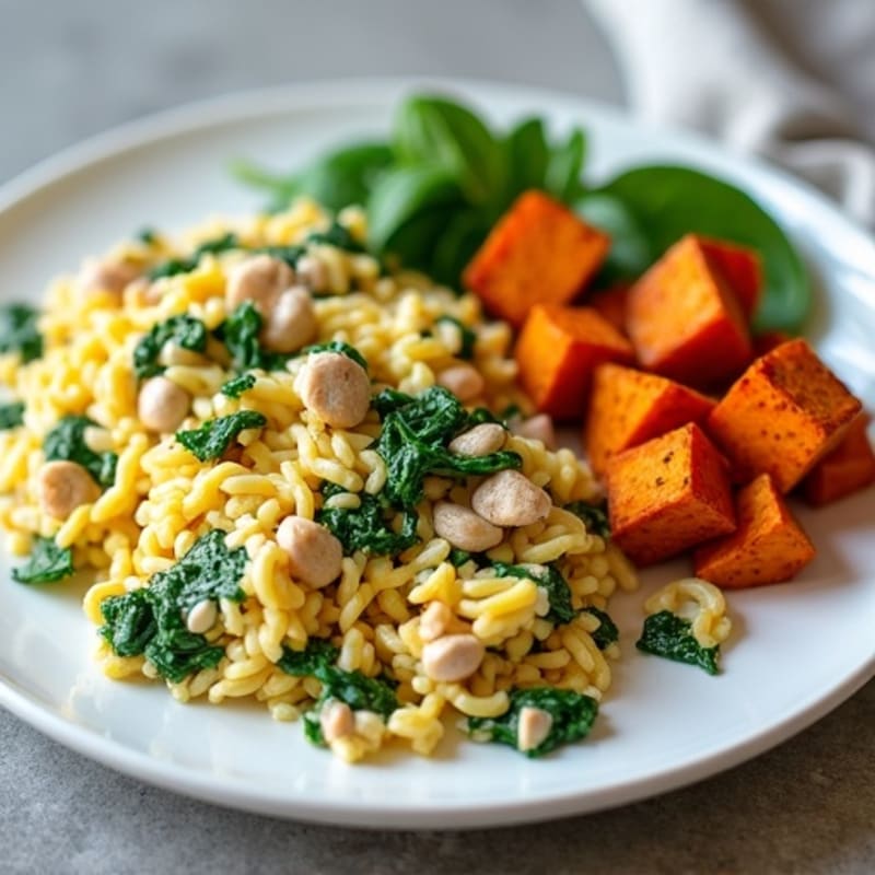 Egg White and Turkey Spinach Scramble with Roasted Sweet Potatoes