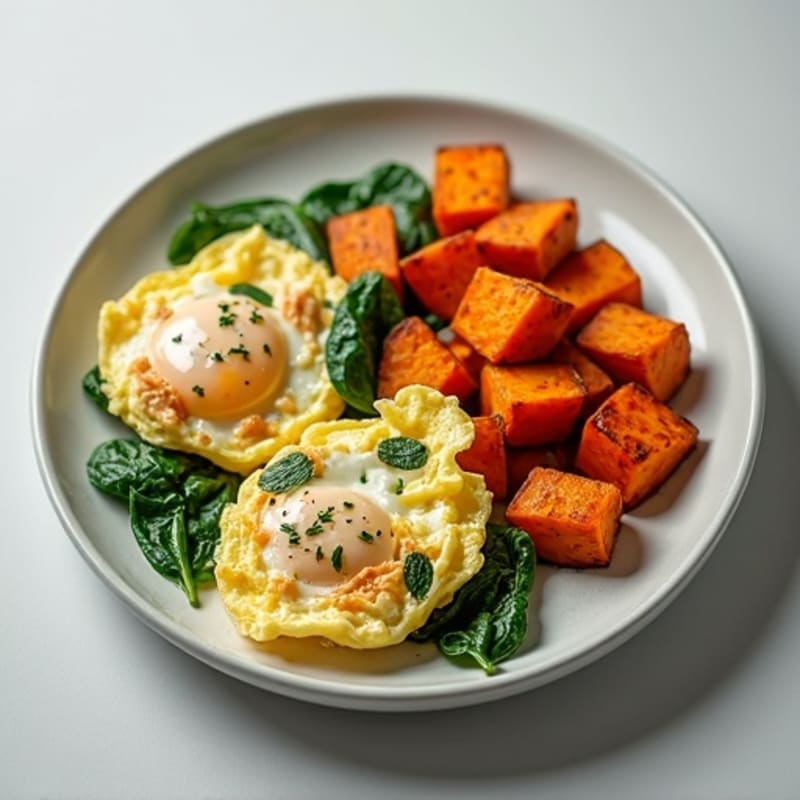 Egg White and Turkey Spinach Scramble with Roasted Sweet Potatoes