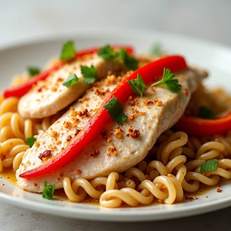 Spicy Garlic Chicken with Creamy Whole Wheat Pasta and Fresh Bell Peppers