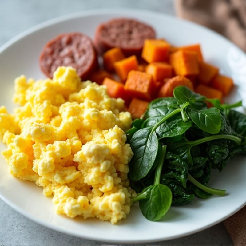 Fluffy Scrambled Eggs with Fresh Spinach and Crispy Sweet Potato Hash
