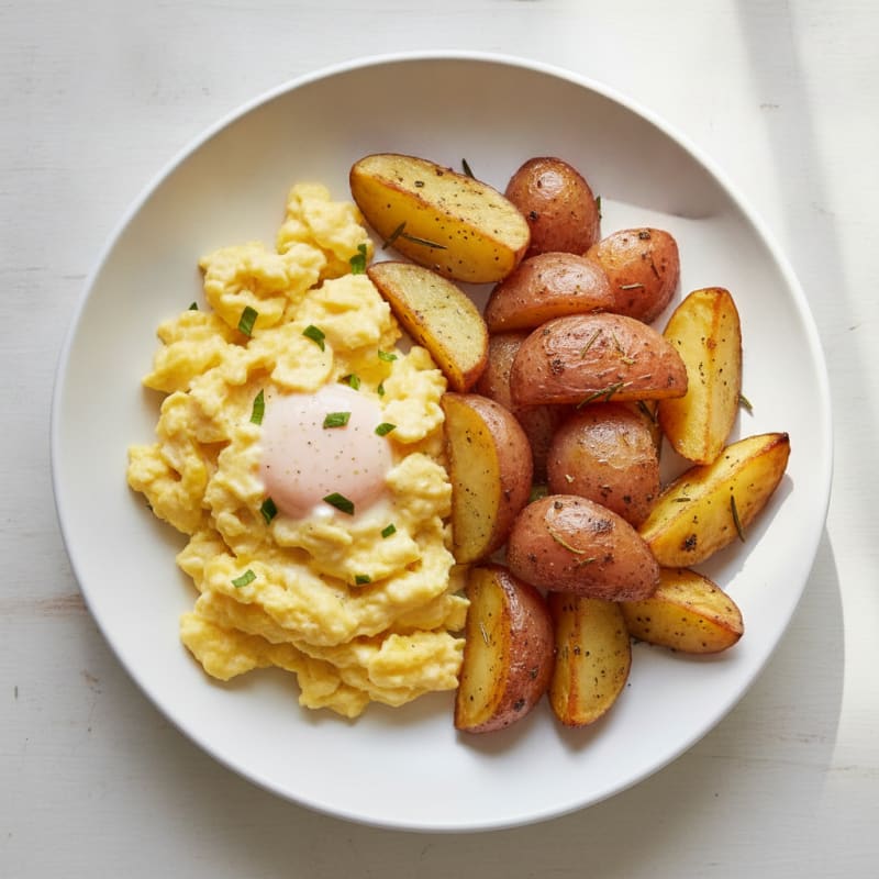 Scrambled Eggs with Greek Yogurt and Roasted Potatoes