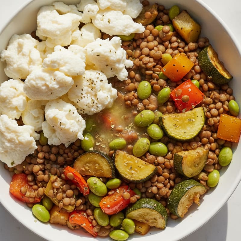 Lentil and Roasted Vegetable Power Bowl with Edamame