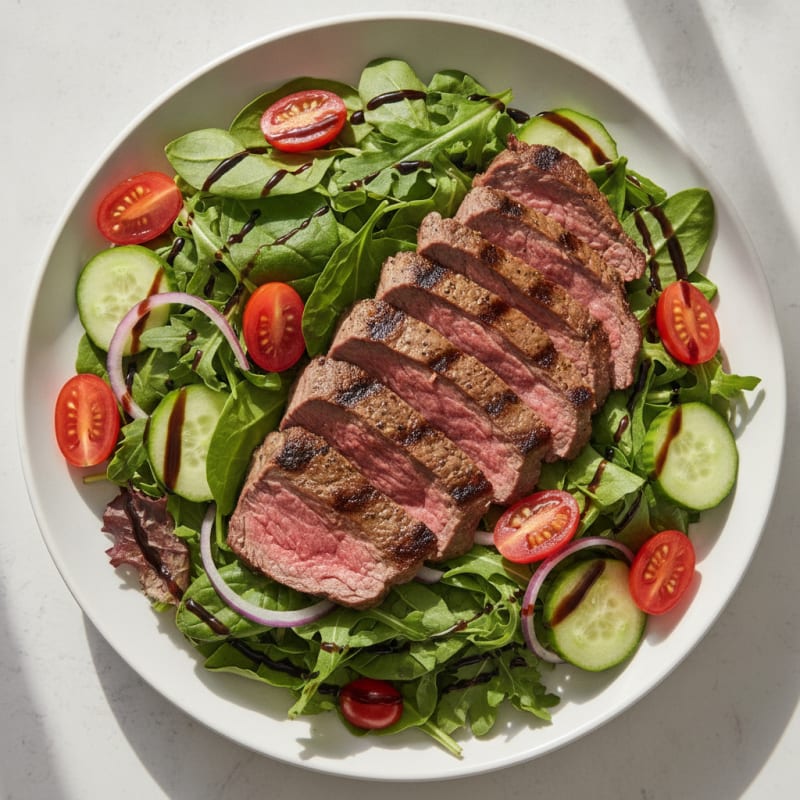 Grilled Beef Steak Salad with Cherry Tomatoes and Mixed Greens
