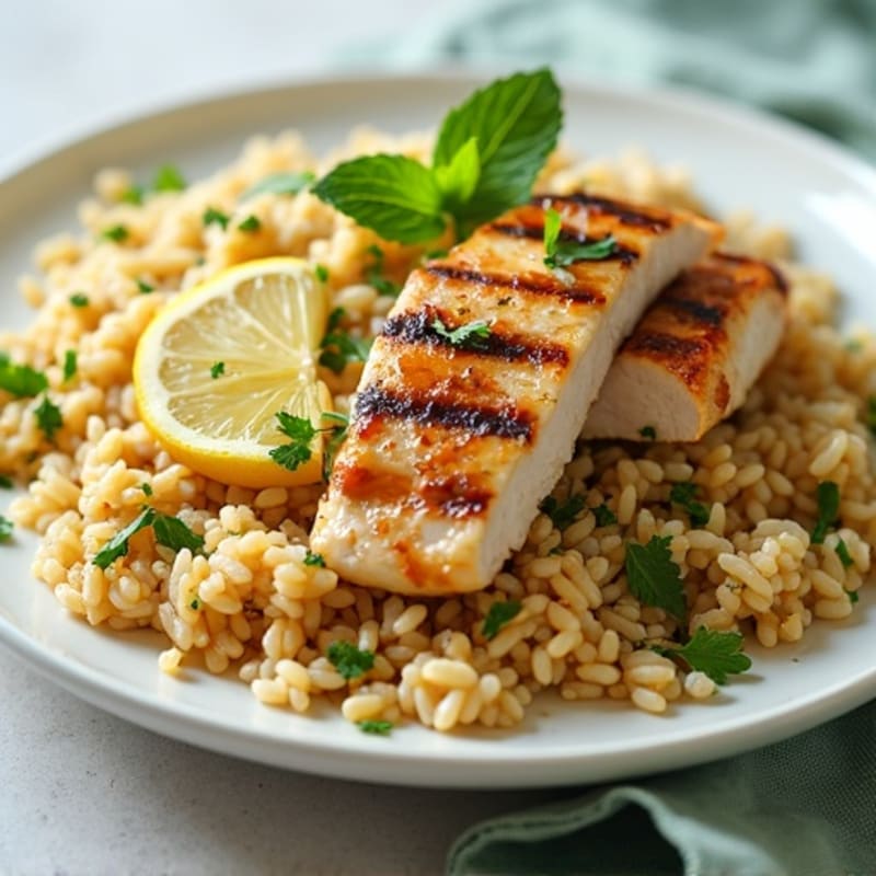 Fresh Herb and Lemon Rice Pilaf with Toasted Pine Nuts and Grilled Chicken