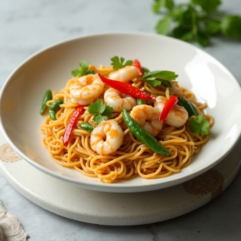 Chicken and Shrimp Noodle Stir-Fry with Creamy Peanut Lime Sauce