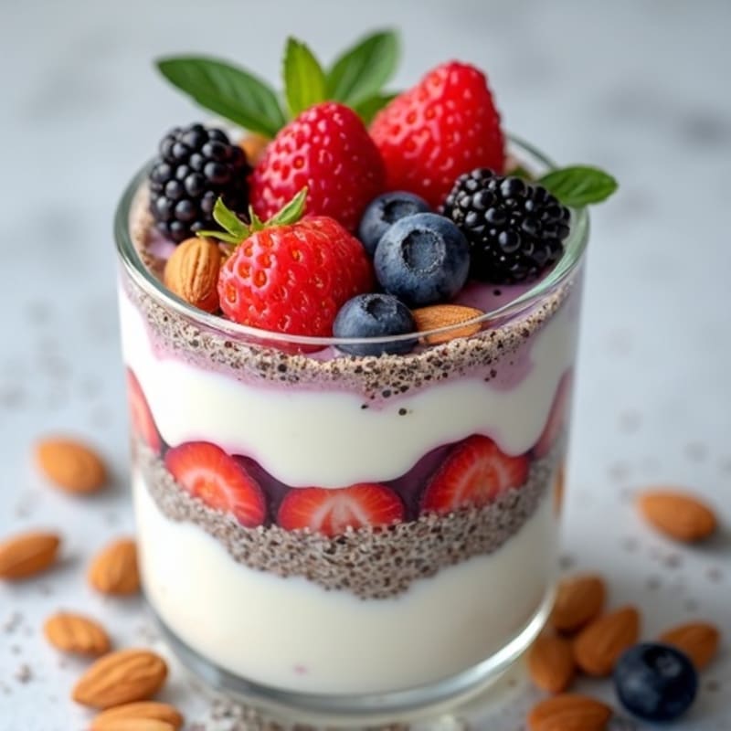 Greek Yogurt Chia Seed Parfait with Mixed Berries and Almonds