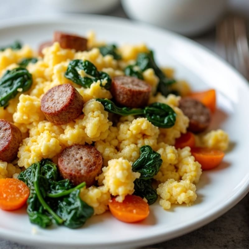 Egg White and Turkey Sausage Scramble with Spinach and Roasted Sweet Potato