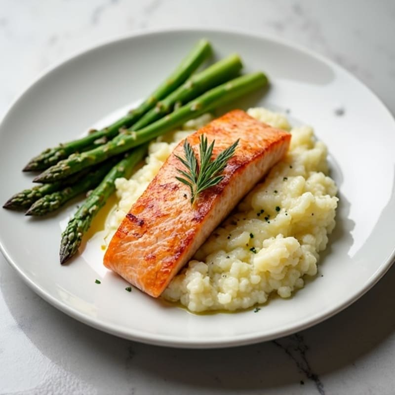 Seared Salmon with Steamed Asparagus and Cauliflower Mash