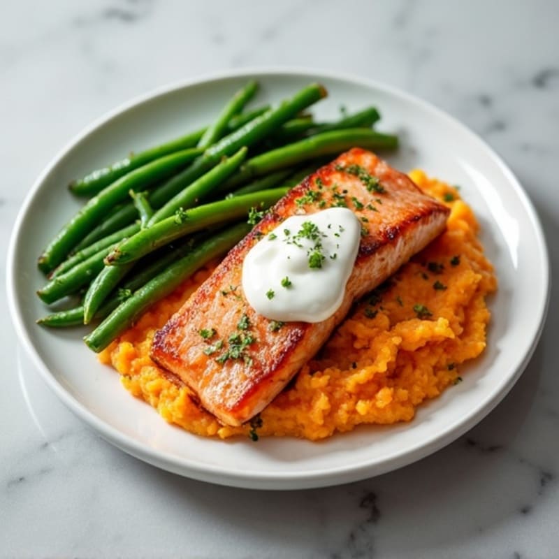 Seared Salmon Fillet with Steamed Green Beans and Sweet Potato Mash