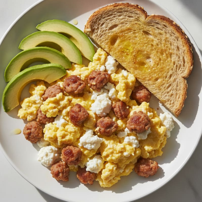 Scrambled Eggs with Cottage Cheese and Turkey Sausage