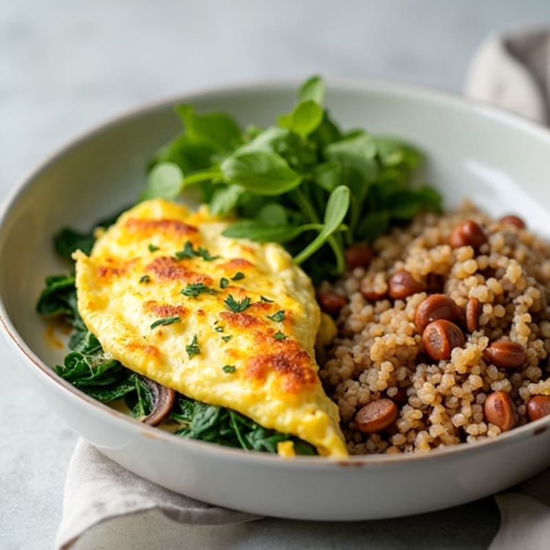 Egg White and Spinach Scramble with Turkey Sausage, Sautéed Mushrooms, and Quinoa Side
