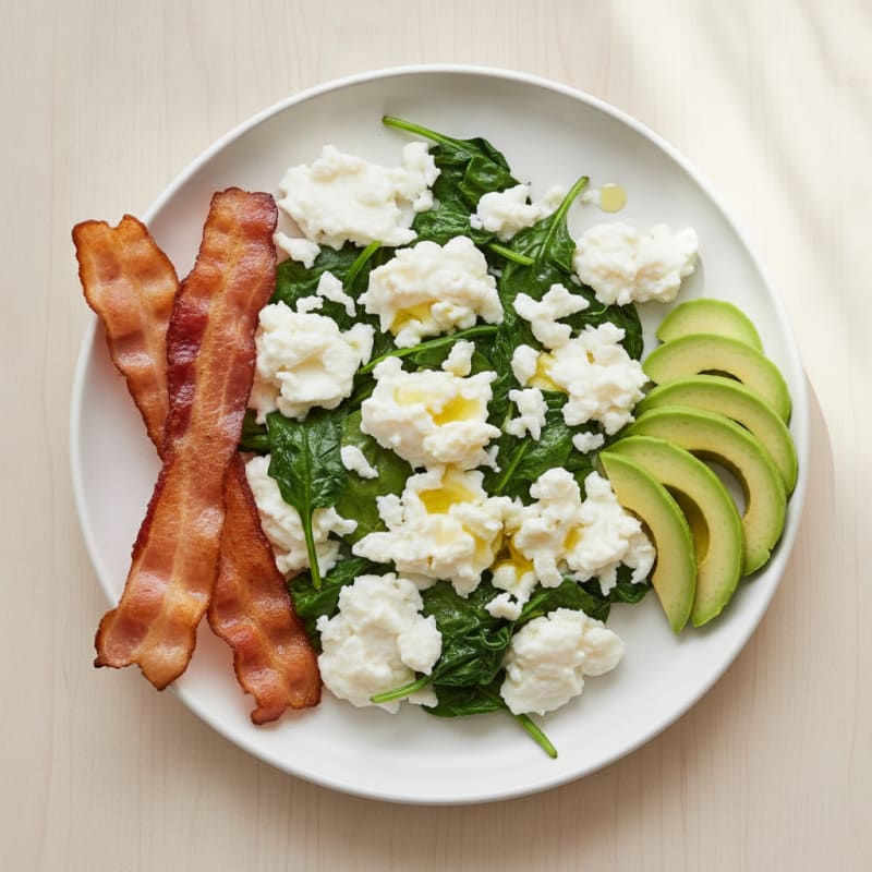 Scrambled Egg Whites with Turkey Bacon and Sautéed Spinach