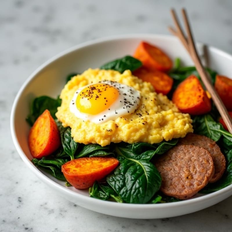 Egg White and Turkey Sausage Scramble with Spinach and Roasted Sweet Potatoes