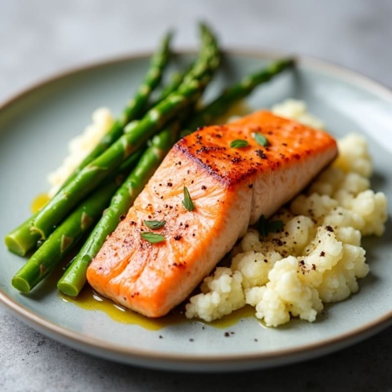 Seared Salmon with Steamed Asparagus and Cauliflower Mash