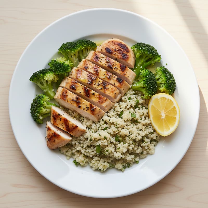 Grilled Chicken Breast with Steamed Broccoli and Quinoa
