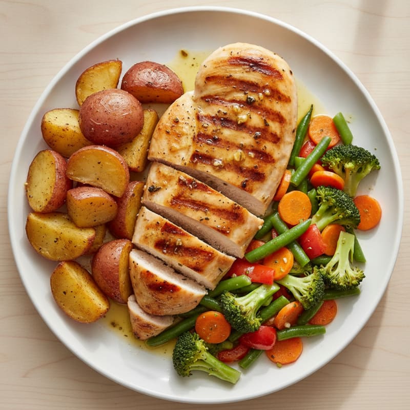 Grilled Chicken Breast with Mixed Vegetables and Roasted Potatoes