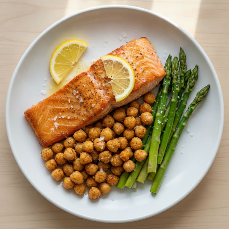 Seared Salmon Fillet with Crispy Chickpeas and Steamed Asparagus