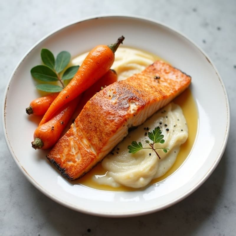 Crispy Skin Salmon with Maple-Roasted Carrots and Creamy Cauliflower Puree