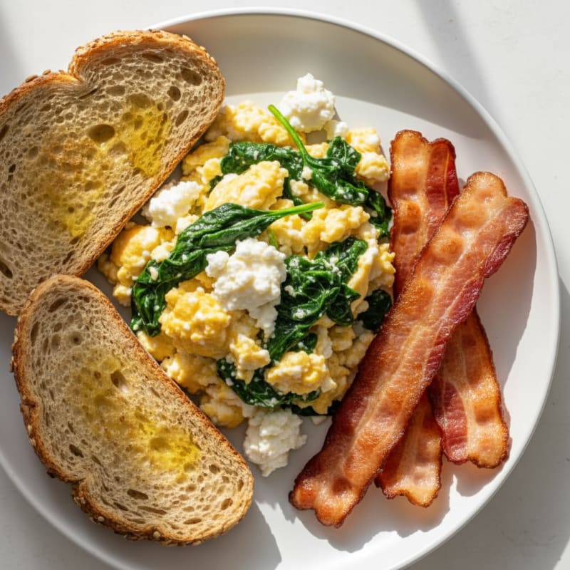 Cottage Cheese Scramble with Spinach and Turkey Bacon
