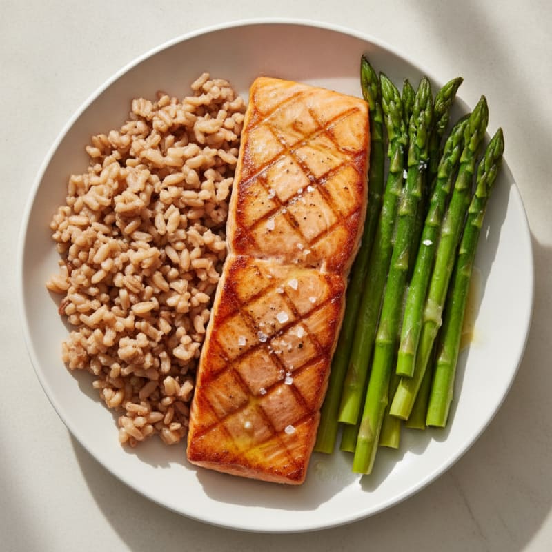 Seared Salmon with Steamed Asparagus and Brown Rice