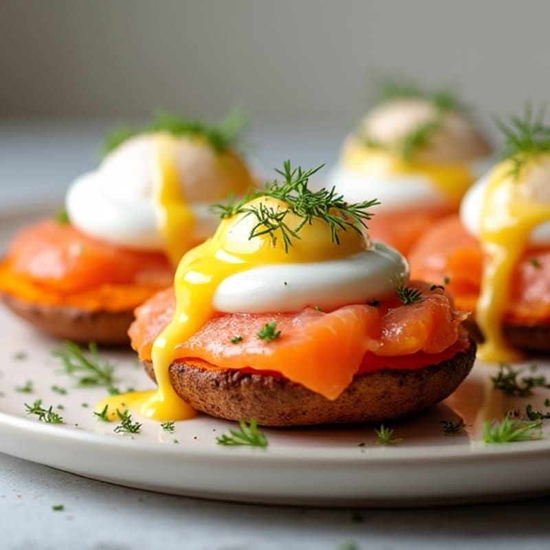 Smoked Salmon and Poached Eggs with Creamy Lemon-Dill Sauce on Crispy Sweet Potato Rounds