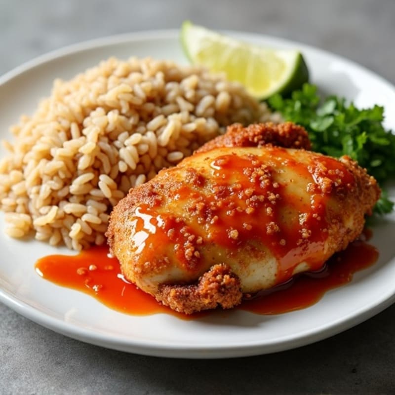 Crispy Baked Chicken with Spicy-Sweet Glaze and Steamed Brown Rice