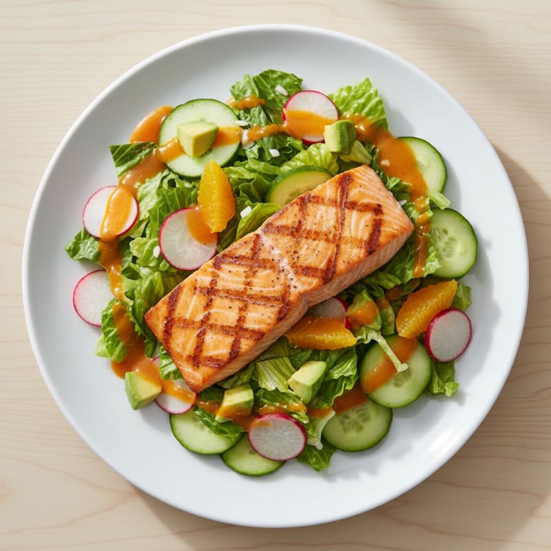 Grilled Salmon Salad with Crunchy Greens and Citrus Vinaigrette