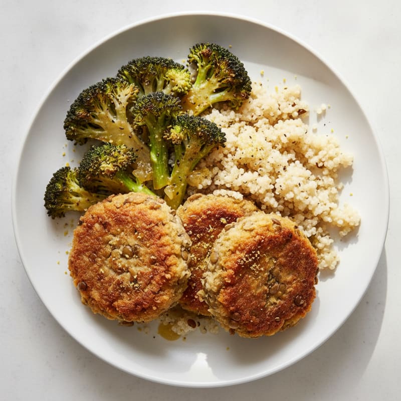Crispy Lentil Patties with Quinoa and Roasted Broccoli