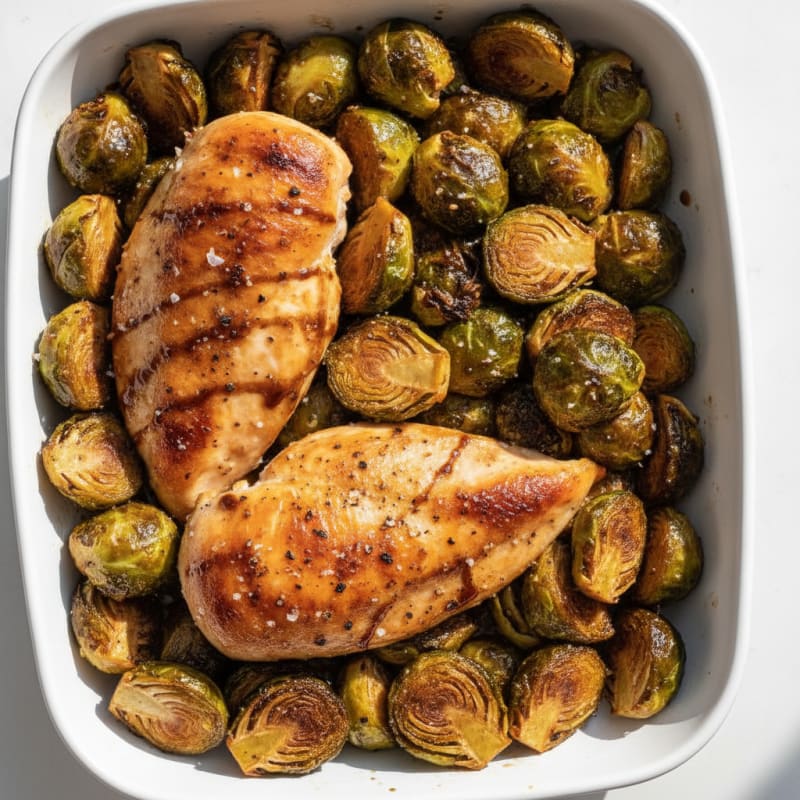 Balsamic Glazed Brussels Sprouts with Roasted Chicken