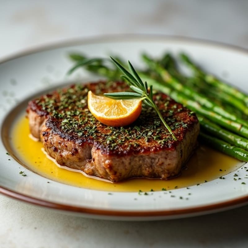 Herb-Crusted Pan Seared Steak with Roasted Garlic