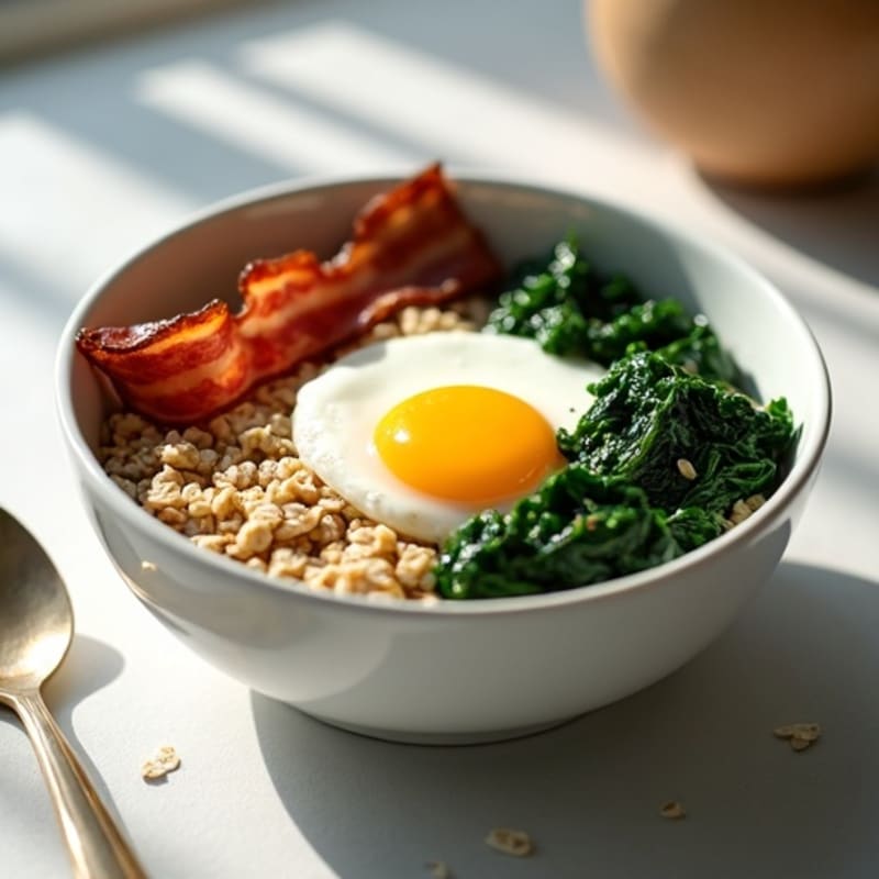 Egg and Bacon Oatmeal Bowl with Sautéed Spinach