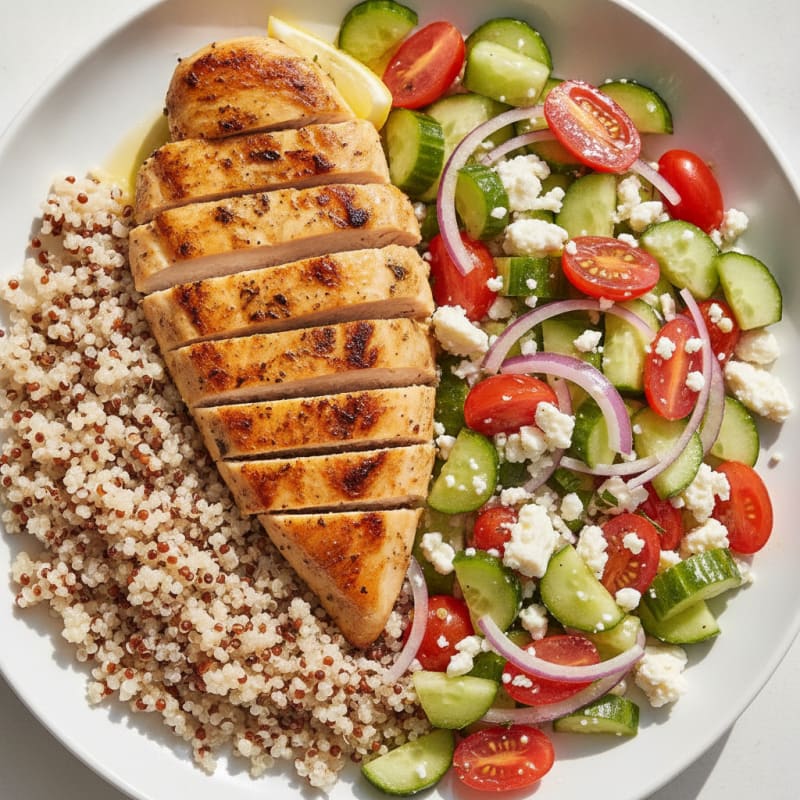 Grilled Lemon Chicken with Quinoa and Cucumber-Tomato Salad
