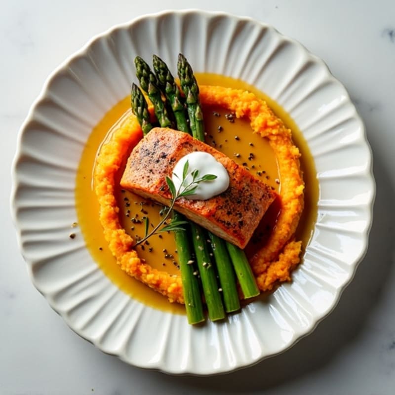 Seared Salmon with Roasted Asparagus and Sweet Potato Mash