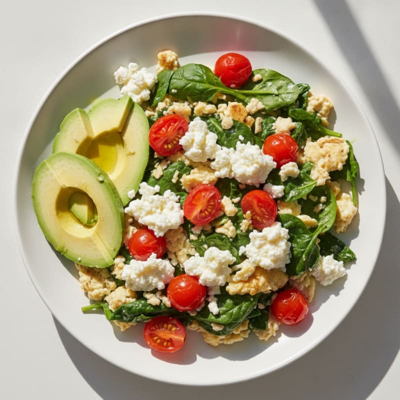 Egg White and Spinach Scramble with Cottage Cheese and Cherry Tomatoes