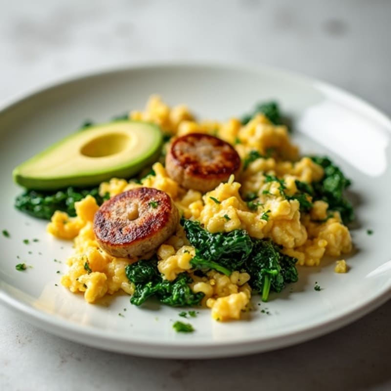 Egg White and Turkey Sausage Scramble with Sautéed Spinach