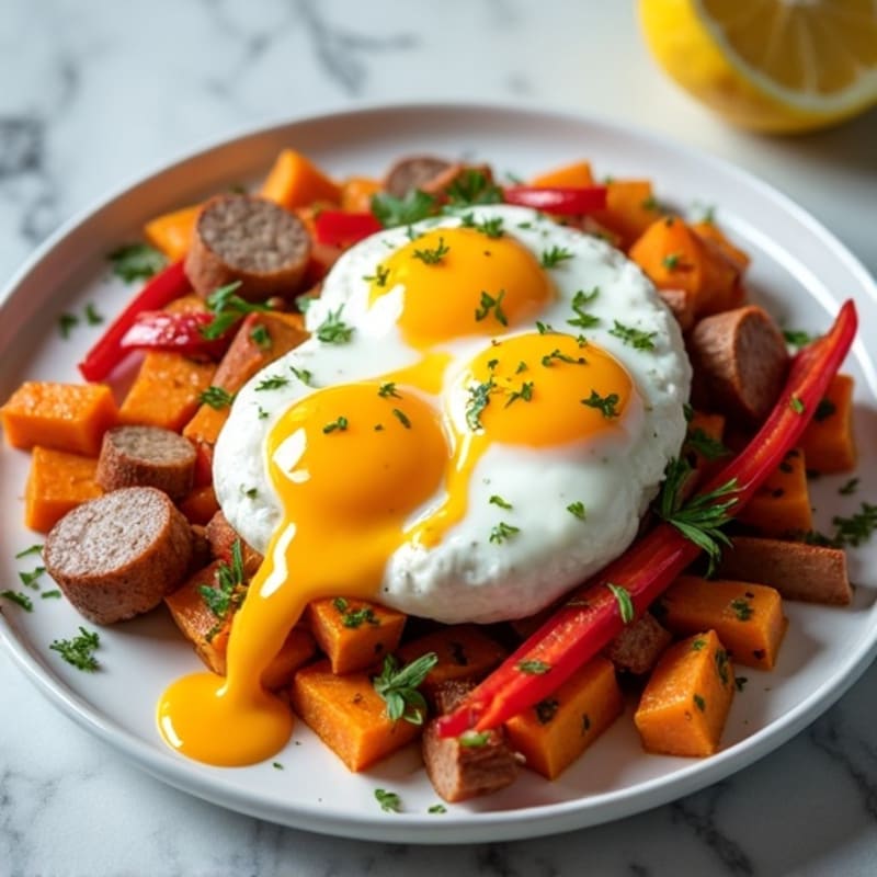 Sweet Potato Hash with Poached Eggs and Creamy Lemon-Dill Sauce